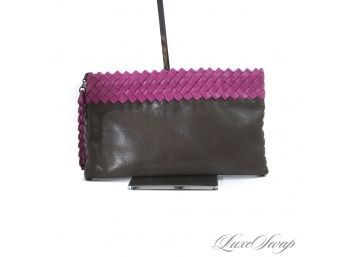 LOOKS JUST LIKE BOTTEGA! UNSIGNED NEW WITHOUT TAGS HIGH QUALITY BROWN AND MAGENTA LEATHER INTRECCIO ZIP CLUTCH