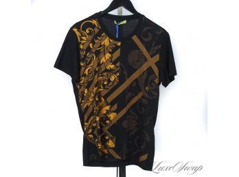 BRAND NEW WITH TAGS AUTHENTIC VERSACE JEANS COUTURE BLACK TEE SHIRT WITH GOLD BAROCCO PRINT M
