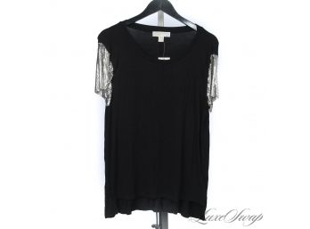 BRAND NEW WITH TAGS MICHAEL KORS BLACK STRETCH KNIT TEE SHIRT WITH SILVER METAL MESH SLEEVES! XL