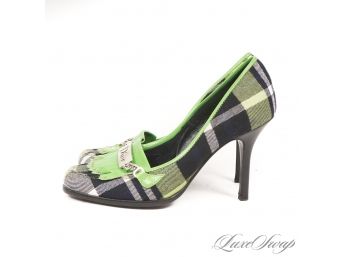 THE STARS OF THE SHOW! AUTHENTIC CHRISTIAN DIOR GREEN TARTAN PLAID AND PATENT KILTIE LOGO PLAQUE SHOES 37