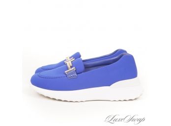 MEGA MODERN AND LIKE NEW TODS MADE IN ITALY 'HAPPY MOMENTS' ROYAL BLUE MICROFIBER PLATFORM BUCKLE SNEAKERS 7.5