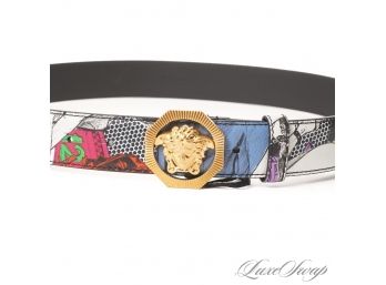 BRAND NEW WITH TAGS AUTHENTIC $495 VERSACE MADE IN ITALY GOLD MEDUSA BUCKLE COMIC PRINT BELT 42 / 105