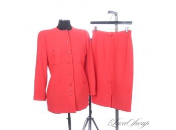 THE STAR OF THE SHOW! VINTAGE AUTHENTIC CHANEL 96P 1996 CORAL TWEED 2 PIECE JACKET AND SKIRT SUIT FRANCE 44