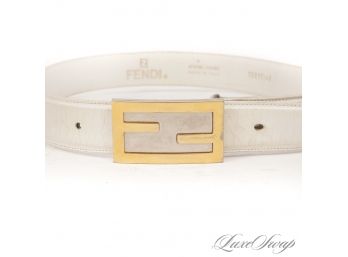 MONOGRAM MANIA! AUTHENTIC VINTAGE 1980S FENDI MADE IN ITALY WHITE LEATHER GOLD AND SILVER FF BUCKLE BELT 40