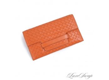 BRAND NEW WITHOUT BOX SIGNATURE ORANGE NAPPA LEATHER 'INTRECCIATO' BASKETWEAVE LONG CLUTCH WALLET