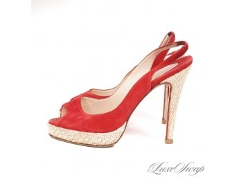 HEADS WILL TURN : AUTHENTIC CHRISTIAN LOUBOUTIN PARIS CHERRY RED SUEDE AND RAFFIA SOLE PEEPTOE SHOES WOW! 37.5