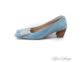 LIKE NEW WITHOUT BOX $500 ROGER VIVIER PARIS MADE IN ITALY SKY BLUE SUEDE BIG BUCKLE LOW HEEL SHOES 37.5