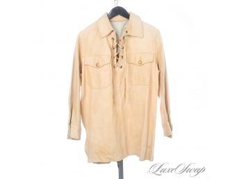 NOW THIS IS COOL! VINTAGE 1960S 1970S GENUINE DEERSKIN LEATHER HIPPIE POPOVER TUNIC WITH TALON ZIPPER SIDE!