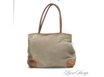 BEACH BRUNCH READY! LARGE STUBBS AND WOOTTON PALM BEACH RAFFIA WEAVE LEATHER TRIM TOTE BAG