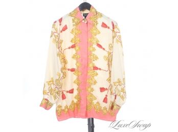 INSANELY RARE VINTAGE 1990S GUCCI MADE IN ITALY 100 SILK CORAL BAROCCO NEOCLASSIC WOMENS SHIRT 42