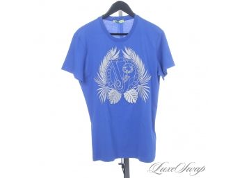 BRAND NEW WITH TAGS AUTHENTIC VERSACE JEANS COUTURE ROYAL BLUE MENS TEE SHIRT WITH SILVER EMBROIDERY M