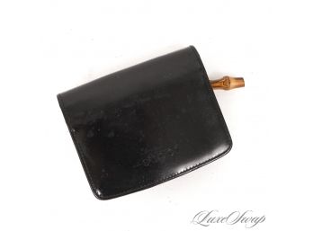 AUTHENTIC GUCCI MADE IN ITALY BLACK HIGH POLISH LEATHER DOUBLE SIDED WALLET WITH BAMBOO ZIPPER PULL