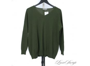 SUMPTUOUS! SHARIS PLACE MADE IN ITALY 100 PURE CASHMERE OLIVE GREEN V-NECK SWEATER S