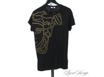 BRAND NEW WITH TAGS AUTHENTIC VERSACE COLLECTION WOMENS BLACK DRAPED JERSEY GOLD STUDDED MEDUSA SHIRT 42