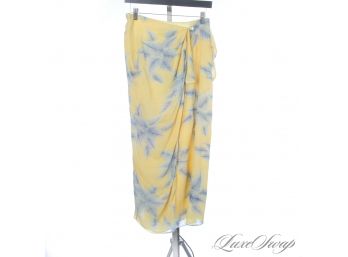 SO FRESH AND FUN : RENATO NUCCI MADE IN FRANCE LEMON YELLOW PURE SILK BLUE FLORAL LONG SKIRT