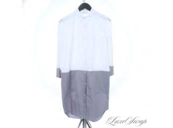 CURRENT : WHY CI MADE IN ITALY WHITE AND DOLPHIN GREY COLORBLOCK SPLIT LONG SHIRT 44