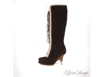 THESE WERE AT LEAST A GRAND : GIUSEPPE ZANOTTI DESIGN BROWN SUEDE AND SHEARLING TALL BOOTS W/FUR LINING 39