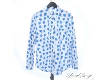VIRTUALLY BRAND NEW AND SUPER RECENT KENZO PARIS WHITE POPLIN BUTTON DOWN SHIRT WITH BLUE FLOWERS 42