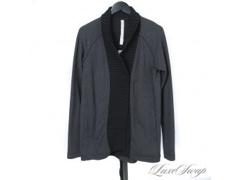 WHY PAY RETAIL? LIKE NEW LULULEMON CHARCOAL GREY KNITTED BLACK TRIM LONG COMFY CARDIGAN 10
