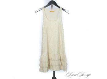SO DAMN CUTE : ALICE & OLIVIA VANILLA AND GOLD TRIMMED LACE DROP WAIST TIERED MINI DRESS XS