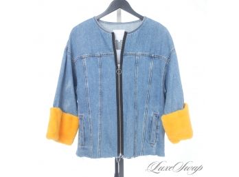 NOW THIS IS CUTE : LIKE NEW ZARA TRAFALUC DENIM CROPPED SLEEVE COAT WITH YELLOW FAUX FUR CUFF TRIM! M