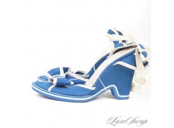 SUMMER SHOE ALERT! BRAND NEW WITH TAGS $300 MARC JACOBS ROYAL BLUE AND WHITE WEDGE SANDALS 39