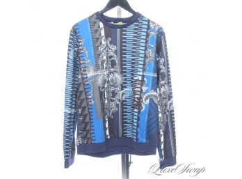 BRAND NEW WITH TAGS $275 AUTHENTIC VERSACE JEANS BLUE ALLOVER PRINT BAROCCO CREWNECK SWEATER M