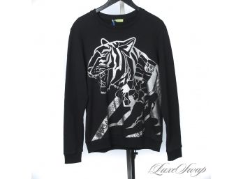 BRAND NEW WITH TAGS $225 AUTHENTIC VERSACE JEANS MENS BLACK SILVER FOIL LARGE TIGER CREWNECK SWEATSHIRT M