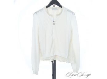 THE STAR OF THE SHOW! AUTHENTIC AND LIKE NEW MONCLER TRICOT WHITE WAFFLED CARDIGAN JACKET W/MICROFIBER TRIM L