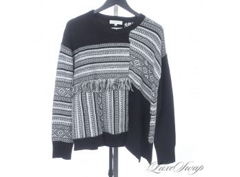 YOU GUYS KNOW THE RETAIL PRICE ON THESE?! LIKE NEW WHITE AND WARREN BLACK SOUTHWESTERN FRINGE KNIT SWEATER L