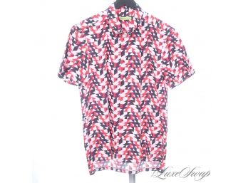 BRAND NEW WITHOUT TAGS AUTHENTIC VERSACE JEANS MENS RED AND BLUE ALLOVER GEOMETRIC CAMP SHIRT S