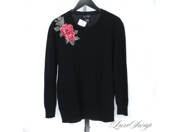 COZY LUXE! BLOOMINGDALES 100 PERCENT PURE CASHMERE BLACK SOFT SWEATER WITH ROSE EMBROIDERY L