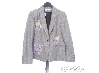 THIS WAS NOT CHEAP : LIKE NEW ANNE FONTAINE GREY GLEN PLAID FLANNEL 'EPICEA' BLAZER WITH ORNATE EMBROIDERY 44