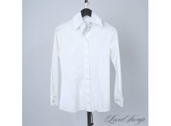MAYBE THE PERFECT WHITE BLOUSE : ANNE FONTAINE PARIS WHITE SELF STRIPE MOTHER OF PEARL BUTTON SHIRT 38