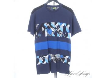 BRAND NEW WITH TAGS AUTHENTIC VERSACE JEANS NAVY BLUE TRIPLE GRAPHIC BLOCK STRIPE MENS TEE SHIRT M