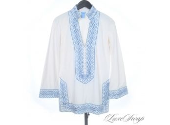 BOATRIDE THIS WEEKEND ANYONE? TS DIXON STRETCH COTTON WHITE BABY BLUE EMBROIDERED TUNIC SHIRT S