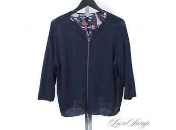 THE PERFECT SPRING WEIGHT CARDIGAN-JACKET THINGY! BEARDSLEY MOTS-CLETS BLUE LOOSE KNIT WITH GEOMETRIC LINING F