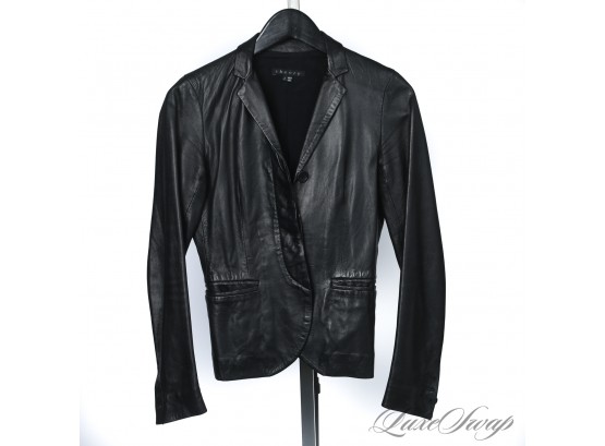 EXPENSIVE THEORY BLACK NAPPA LEATHER FITTED WOMENS BLAZER JACKET MADE IN ITALY 2