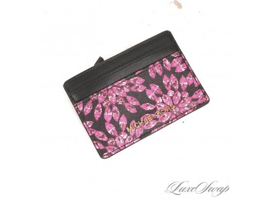 #1 BRAND NEW WITHOUT TAGS UNUSED AUTHENTIC MICHAEL KORS BLACK LEATHER PINK JEWEL PRINTED CARD WALLET