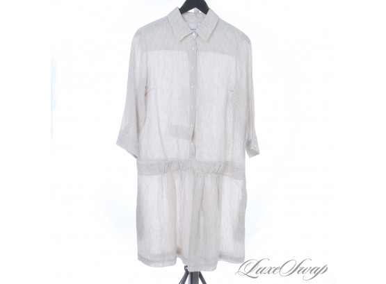 LIKE NEW LE CIVETTE MADE IN ITALY 100 PCT LINEN WHITE AND TAUPE STRIPE DRESS WITH DROP WAIST AND POCKETS! 44
