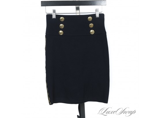 MEGA BUCKS : BRAND NEW WITH TAGS PIERRE BALMAIN PARIS BLUE SKIRT WITH GOLD TRIM SIDE AND LOGO BUTTONS 34