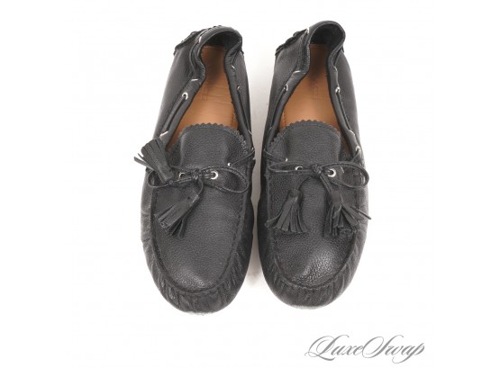 WORK FROM HOME LUXE : AUTHENTIC COACH BLACK UNLINED GRAINED LEATHER 'NADIA' TASSEL LOAFERS 9.5
