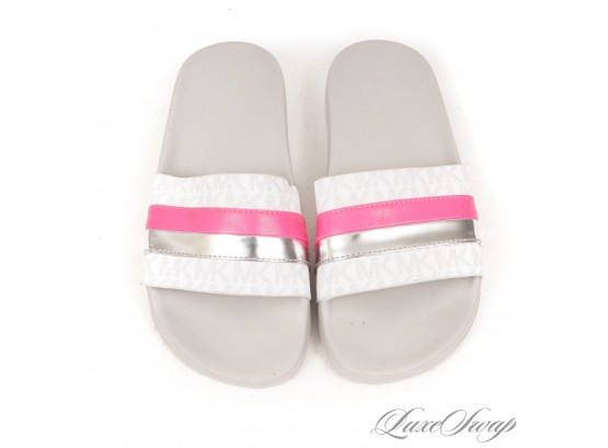 BRAND NEW WITHOUT BOX UNUSED AUTHENTIC MICHAEL KORS WHITE PINK SILVER MONOGRAM STRIPE SLIDES SANDALS 6