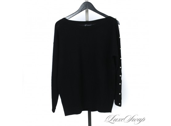 THIS IS CUTE : C BY BLOOMINGDALES CASHMERE SOFT BLACK CREWNECK SWEATER WITH FAUX PEARL DETAIL SLEEVE L
