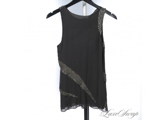 LIKE NEW WITHOUT TAGS ALICE AND OLIVIA CHARCOAL GREY CHIFFON SILK TANK TOP WITH BEADWORK EMBROIDERY S
