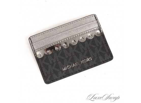 #3 BRAND NEW WITHOUT TAGS UNUSED AUTHENTIC MICHAEL KORS GREY MK MONOGRAM SILVER SCALLOP STUDDED CARD WALLET