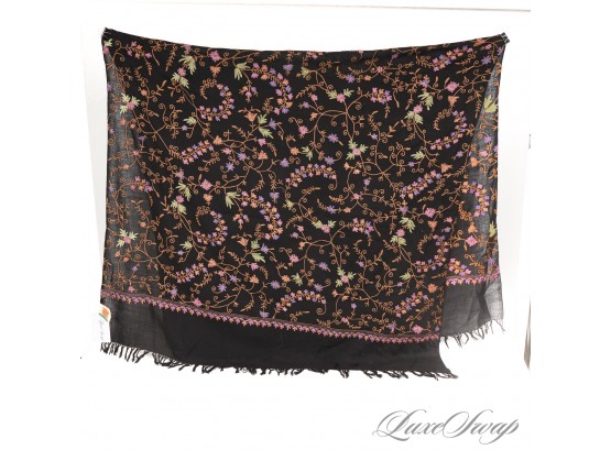 BRAND NEW WITH TAGS $185 EXTRAORDINARY HAND CREWEL EMBROIDERED BLACK FLANNEL LARGE SHAWL SCARF - WOW!