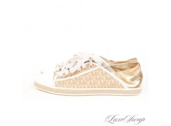 BRAND NEW WITHOUT BOX UNUSED AUTHENTIC MICHAEL KORS 'KRISTY' BUTTERNUT MONOGRAM GOLD LEATHER SNEAKERS SLIDES 6