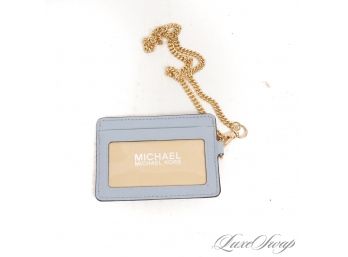 #15 BRAND NEW WITHOUT TAGS UNUSED AUTHENTIC MICHAEL KORS BLUE SAFFIANO LEATHER GOLD CHAIN WRISTLET CARD WALLET