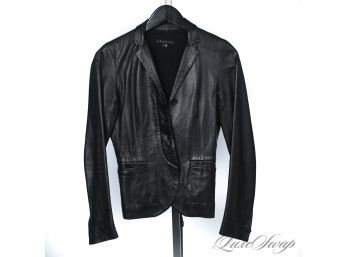 EXPENSIVE THEORY BLACK NAPPA LEATHER FITTED WOMENS BLAZER JACKET MADE IN ITALY 2